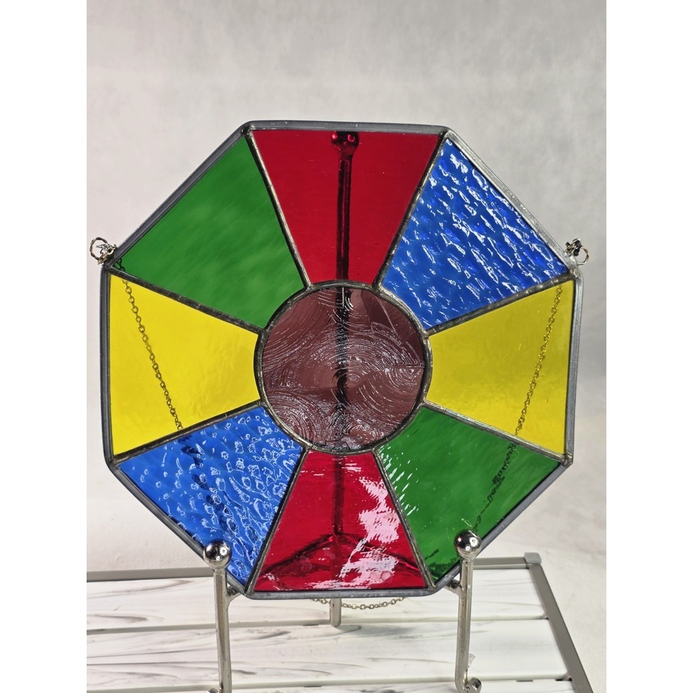 XL, Vtg Handmaid Sun Catcher Stained Glass Color Wheel, Gift, Round, Collectable
